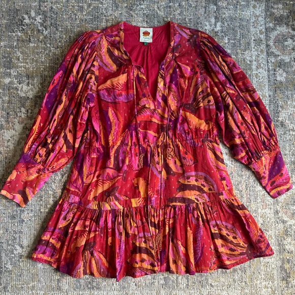 Farm Rio Long Sleeve Mini Dress Banana Juice Print Pink Beaded Drawstring Large - Picture 5 of 14